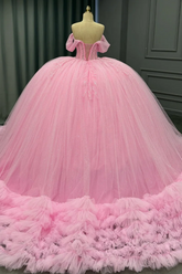 Off-Shoulder Pleated Tulle Quinceanera Dress Beaded Tiered Ball Gown for Sweet 16 & Birthday Parties
